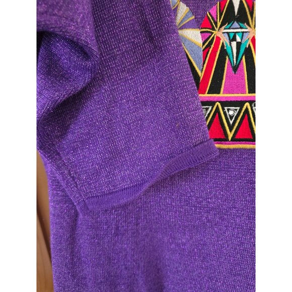 Bob Mackie Wearable Art Purple Sweater With Geometric Designs & Metallic Thread - Picture 4 of 9
